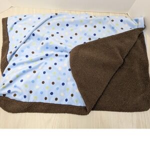 Just Born Baby Blanket Blue Green White Tan Polka Dots Brown Sherpa